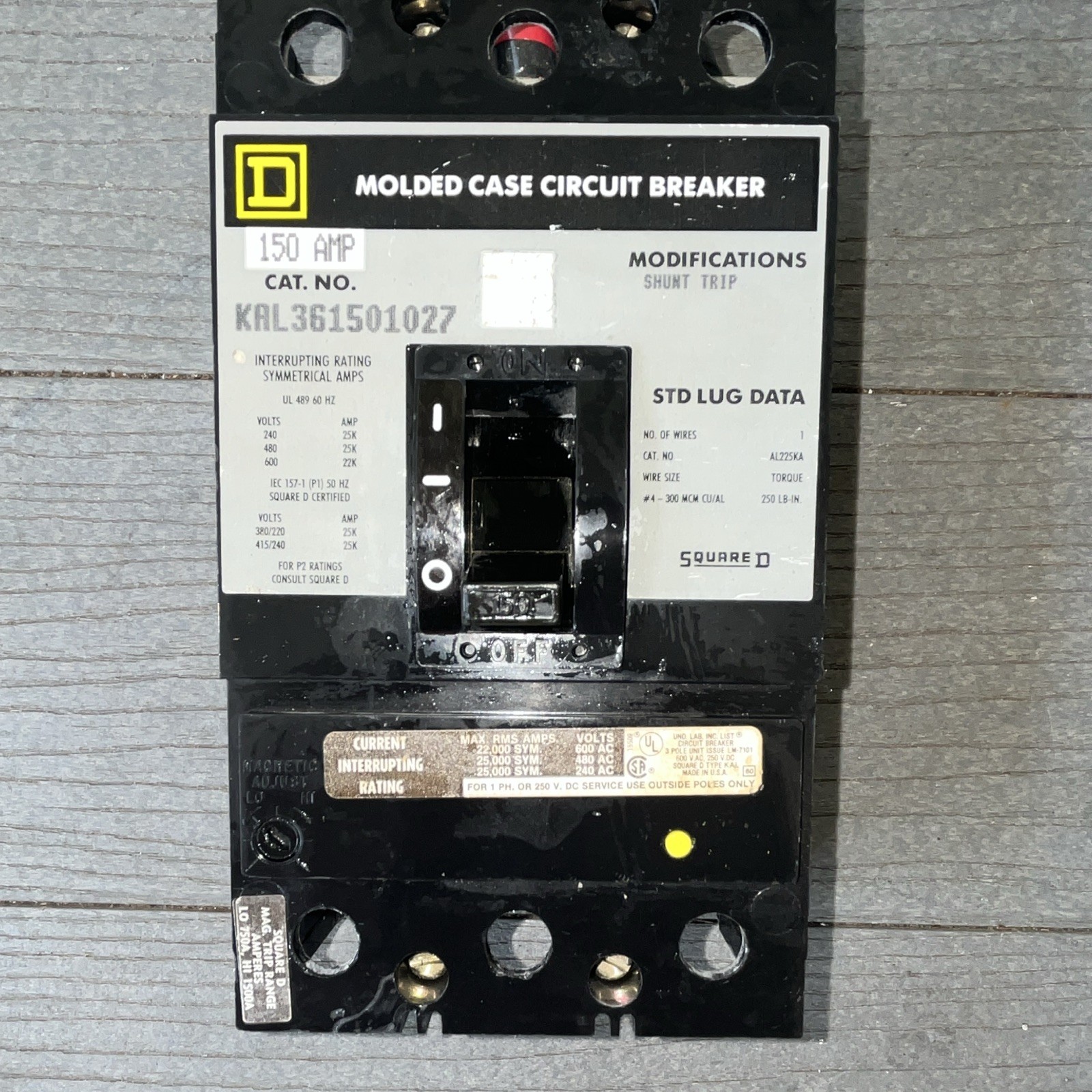 Square D Molded Case Circuit Breaker KAL361501027, 150A 3-Pole 250V AC