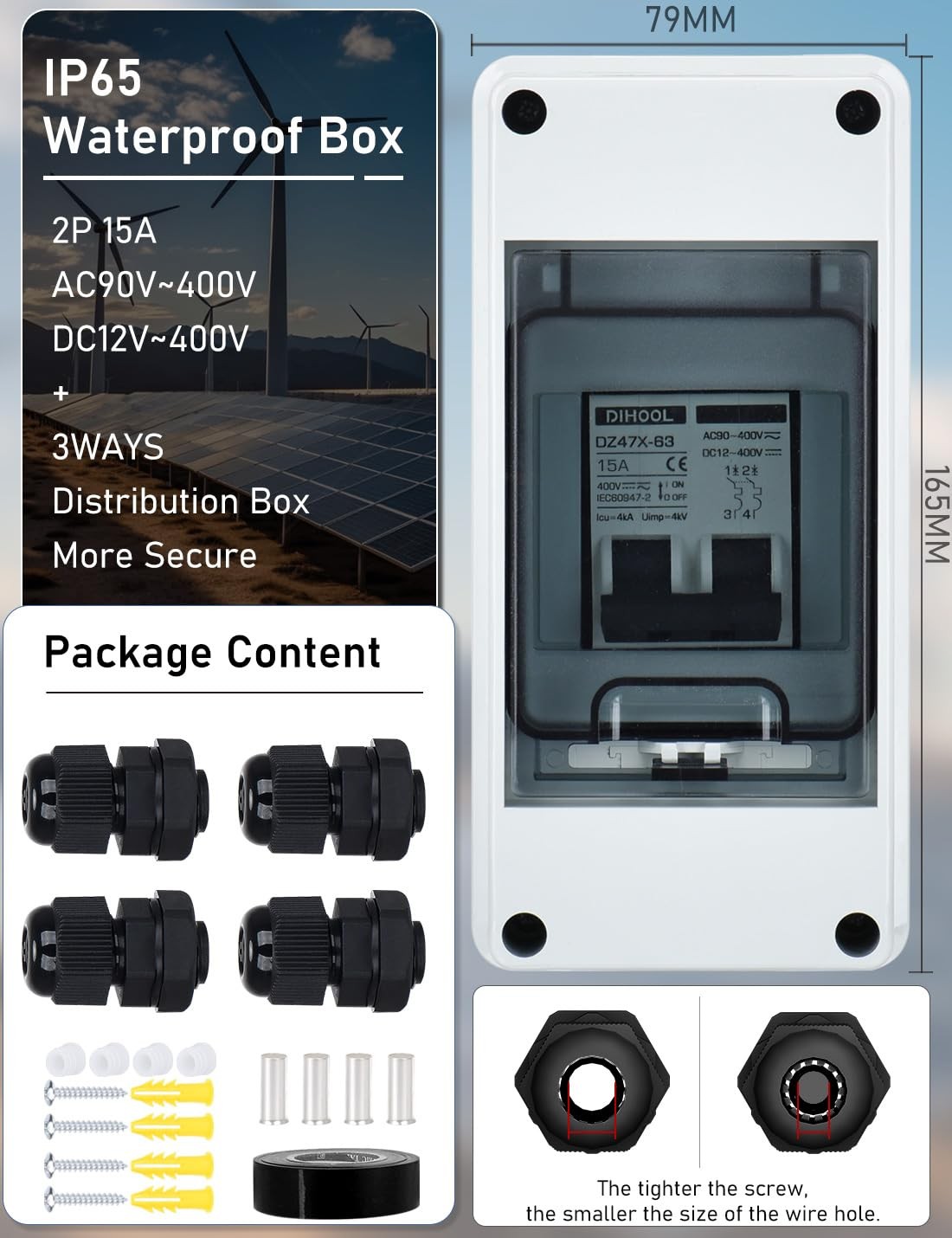 AC DC Circuit Breaker with IP65 Din Box for Solar Systems, 15 Amp 2 Pole 12V-…