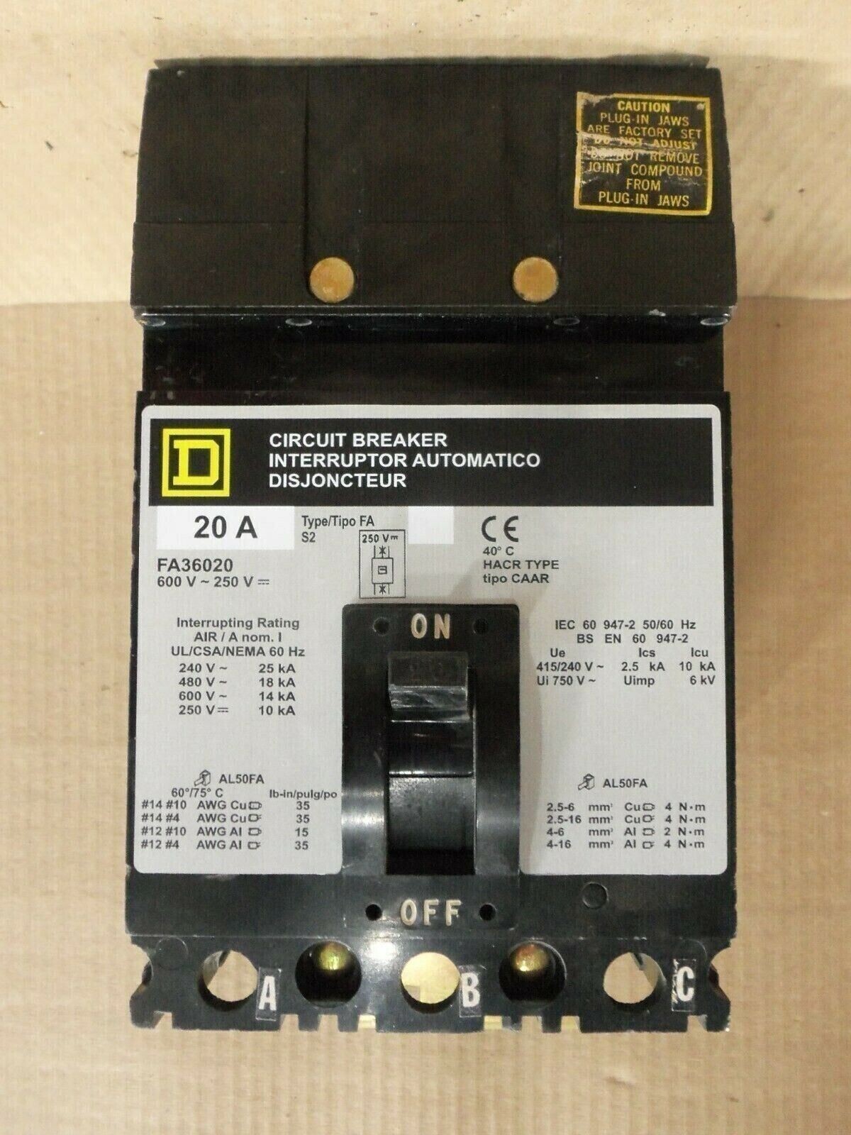 Square D FA36020 3 Pole 20 Amp 600V RELABELED GRAY Circuit Breaker