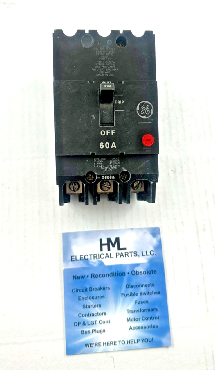 GE, GENERAL ELECTRIC, TEY360, 60A, 480V, 3 POLE *RECONDITIONED